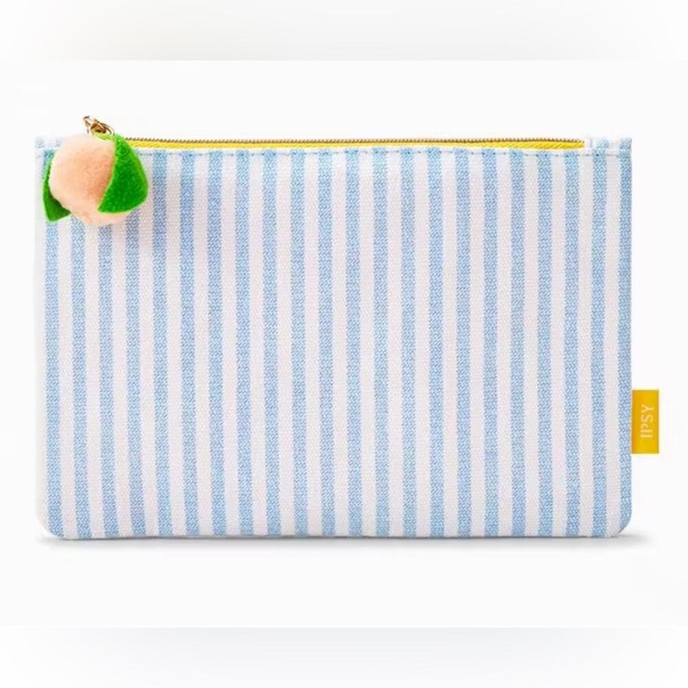 Ipsy April 2024 Blue White Striped Peach Zipper Makeup Bag